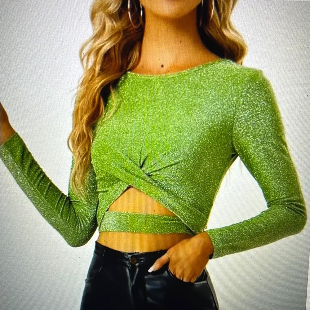 Allegra K Womens XL Crop Glitter Top Long Sleeve Cut Out Twist Front Slim Fitted